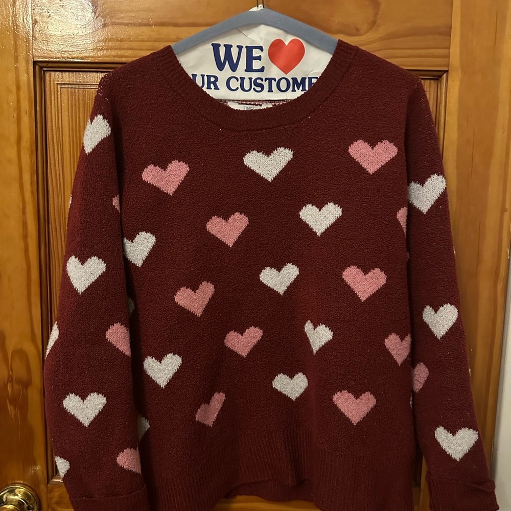 Time and Tru Heart Pattern Sweater - Red and Pink